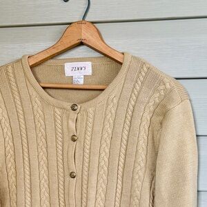 JENNY vintage cottage cardigan sweater teacher librarian granny core tan L EUC